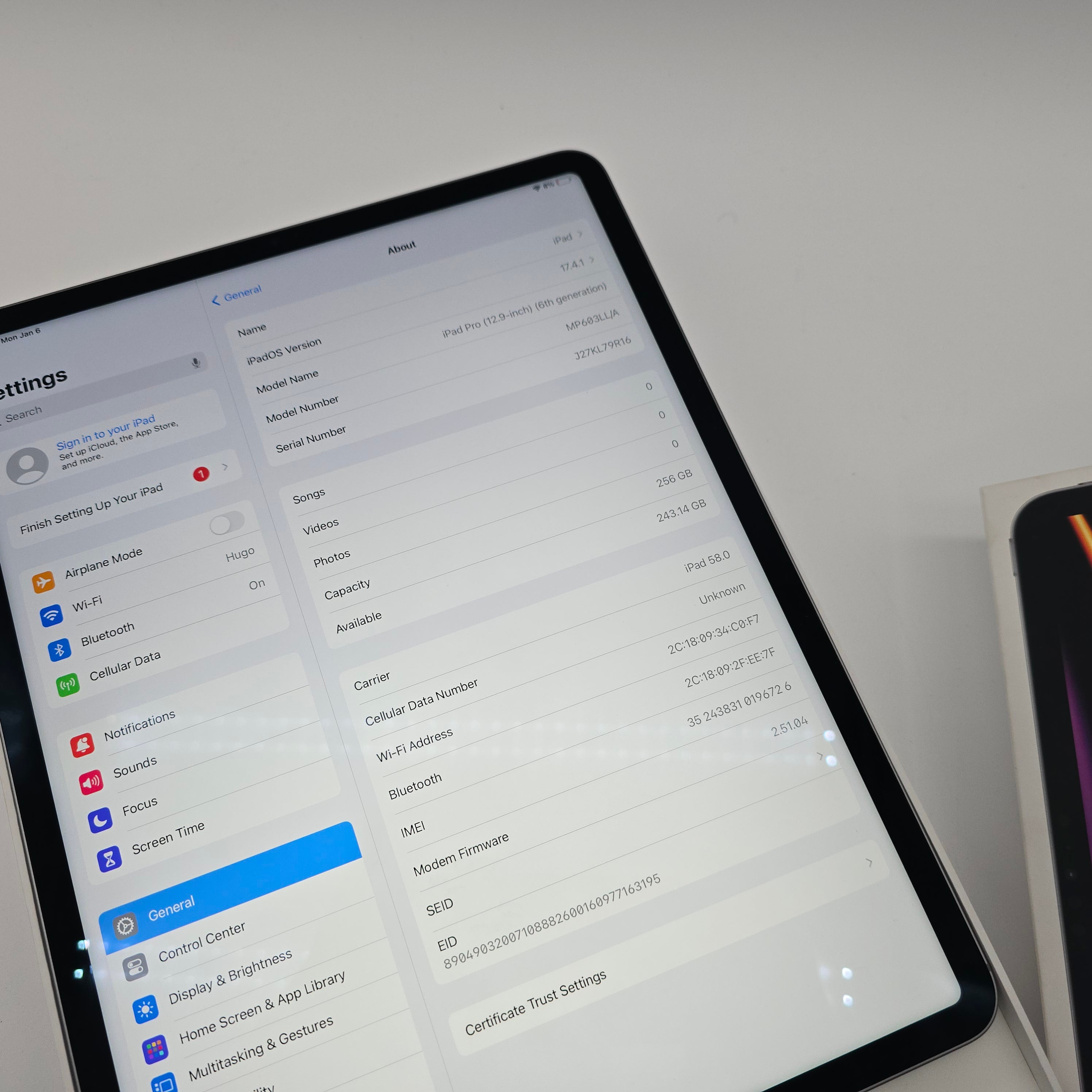 iPad Pro 6th Generation, 256GB, WiFi + Cellular Unlocked, Space Gray