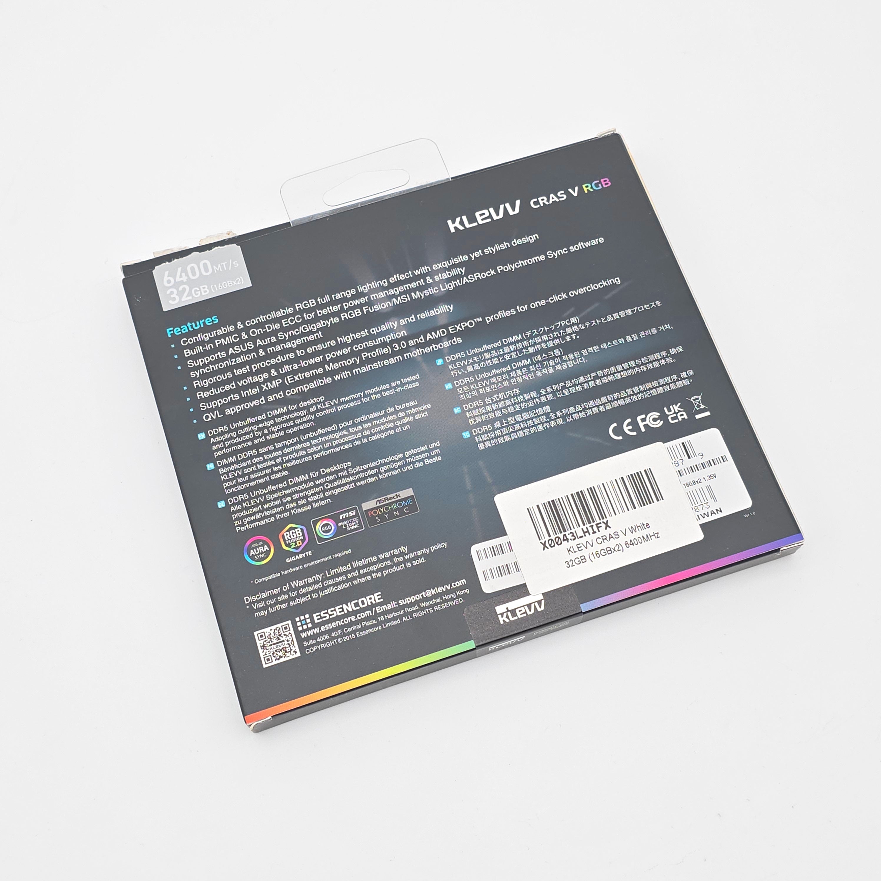 Klevv Cras V RGB White 32GB DDR5 Desktop RAM Memory, 2x16GB 6400MHz CL32-38-38-38