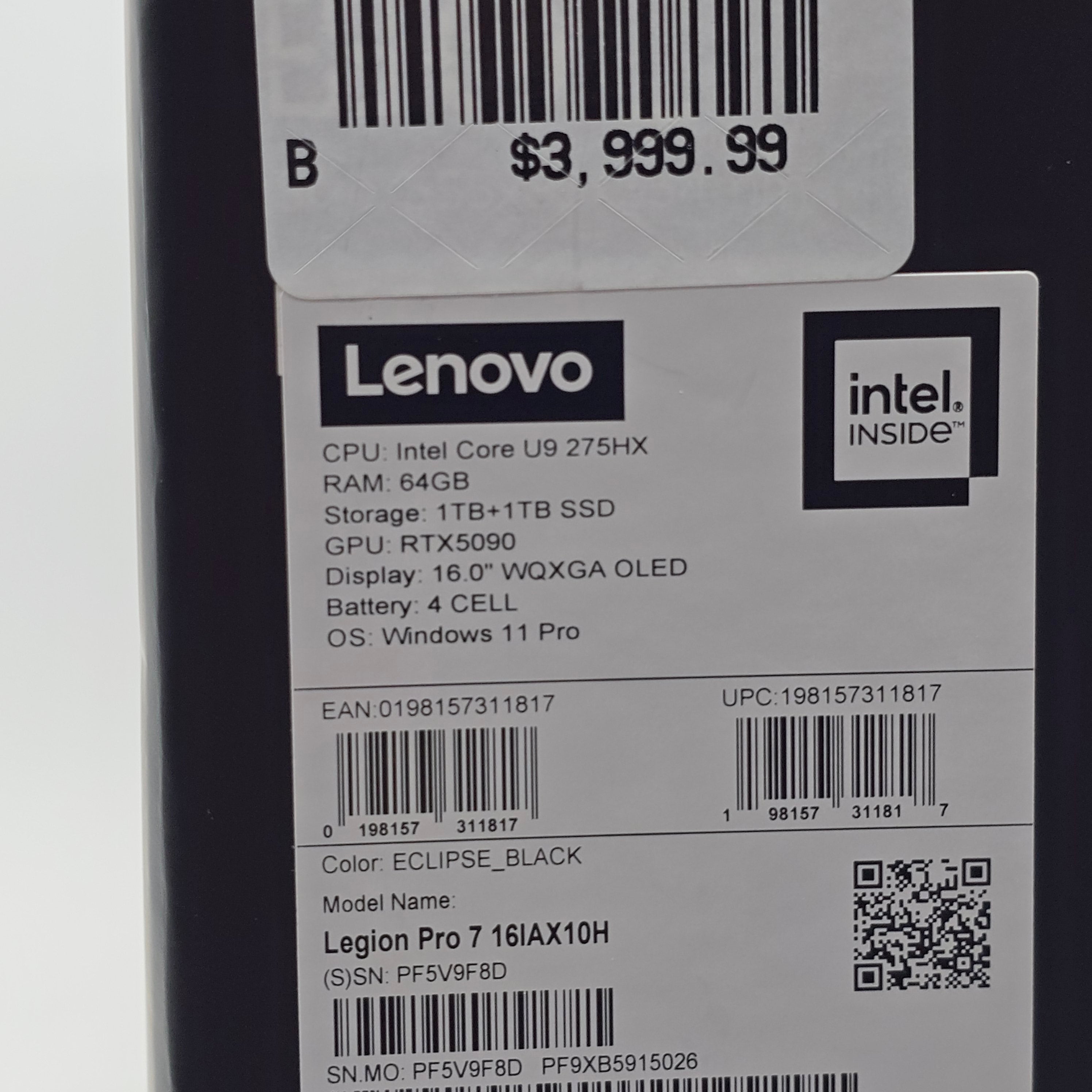 Lenovo Legion Pro 7, RTX 5090, Intel Core U9 275HX, 64GB DDR5, 2TB NVMe, 16" QHD+ 240Hz OLED, Windows Gaming Laptop