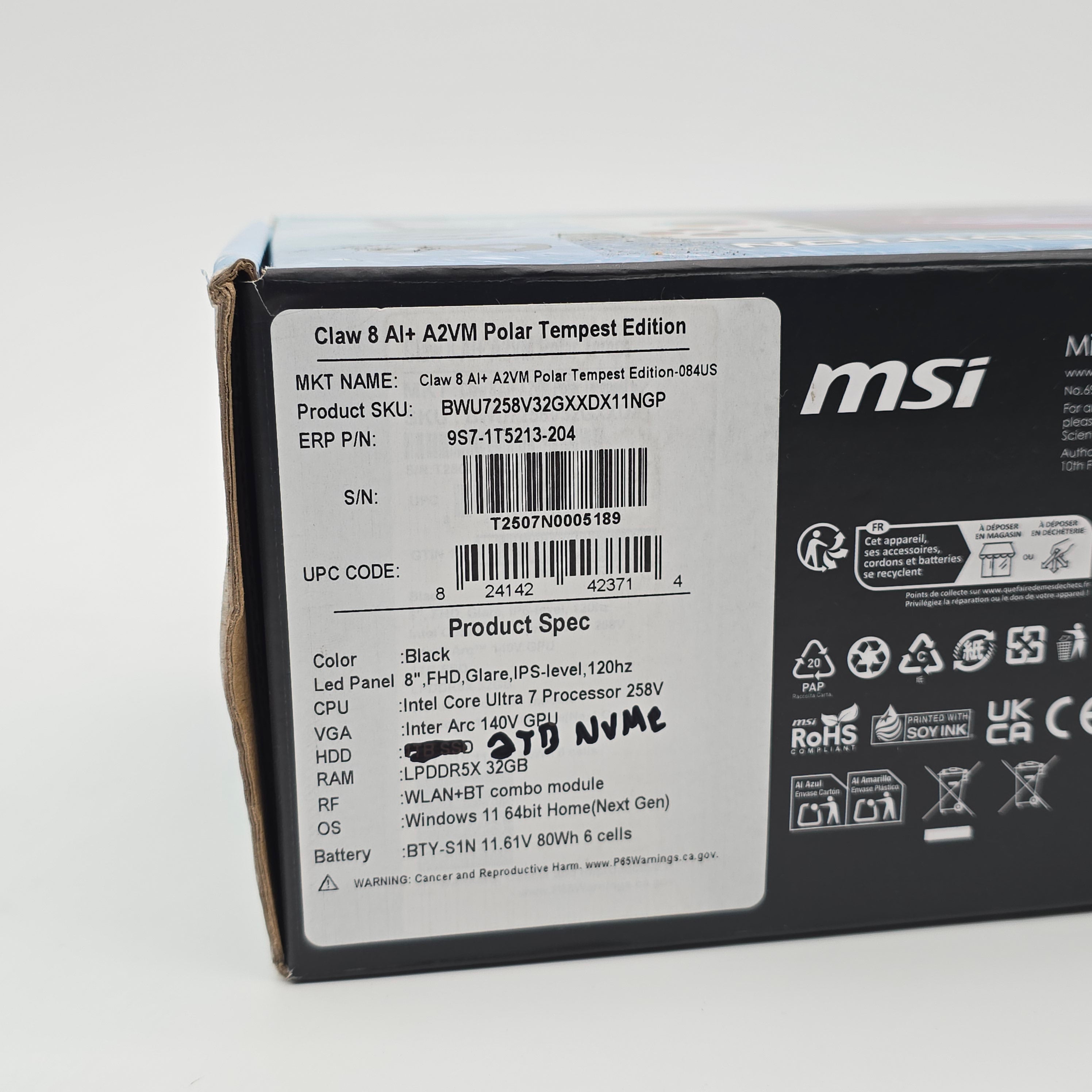 MSI Claw 8 AI+ Polar Tempest Edition 2TB, Intel Core Ultra 7 258V, Intel Arc 140V, 32GB DDR5, 8" FHD 120Hz, Windows Gaming Handheld Console