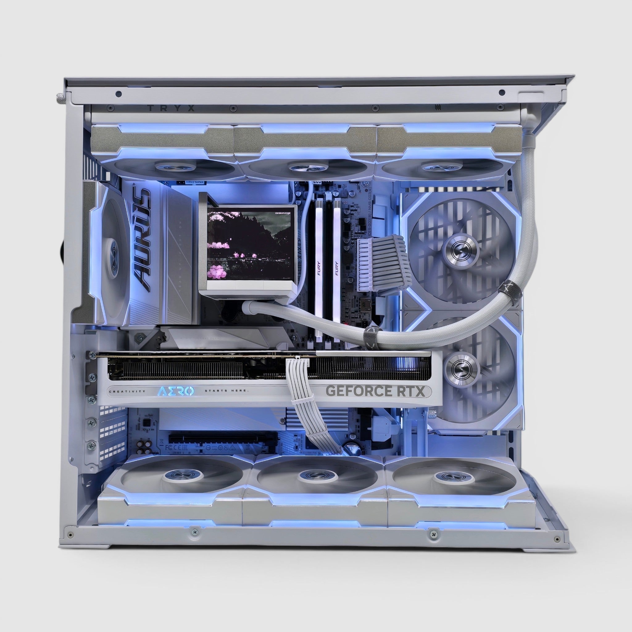 RTX 5080, Ryzen 7 9800X3D, 32GB RAM, 2TB NVMe, Lian Li Mini V2 x TRYX Stage Custom White Liquid Cooled Gaming PC